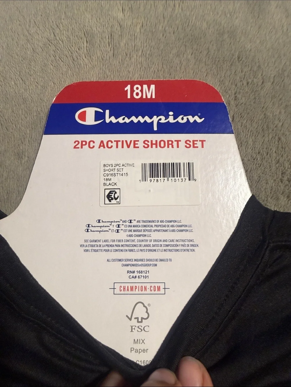 Champion Black Tee with Multicolor Logo & Blue Shorts